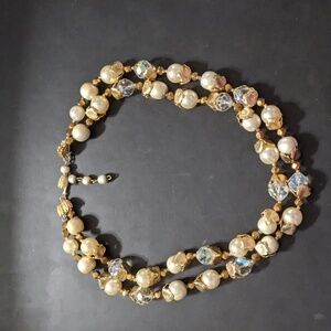 Vintage 1950's Vandome Gold Tone White Clear Crystal Layered Statement Necklace